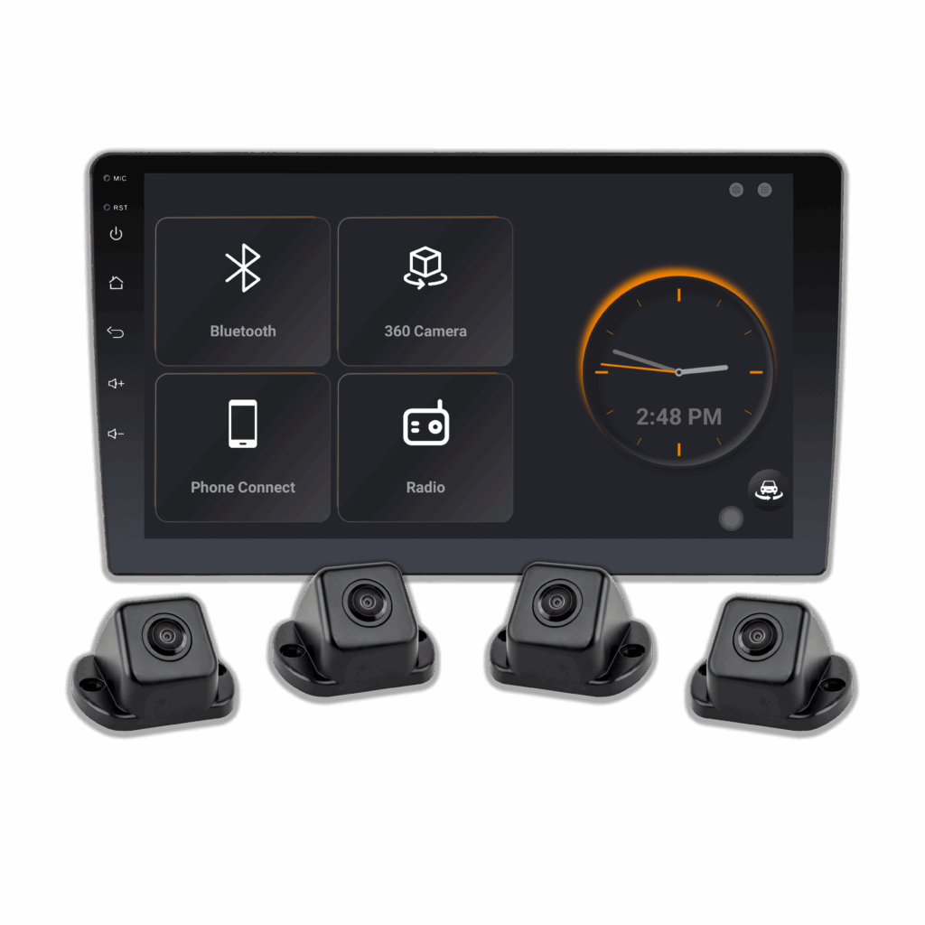Image of the SurroundVUE CarPlay system's monitor and cameras.