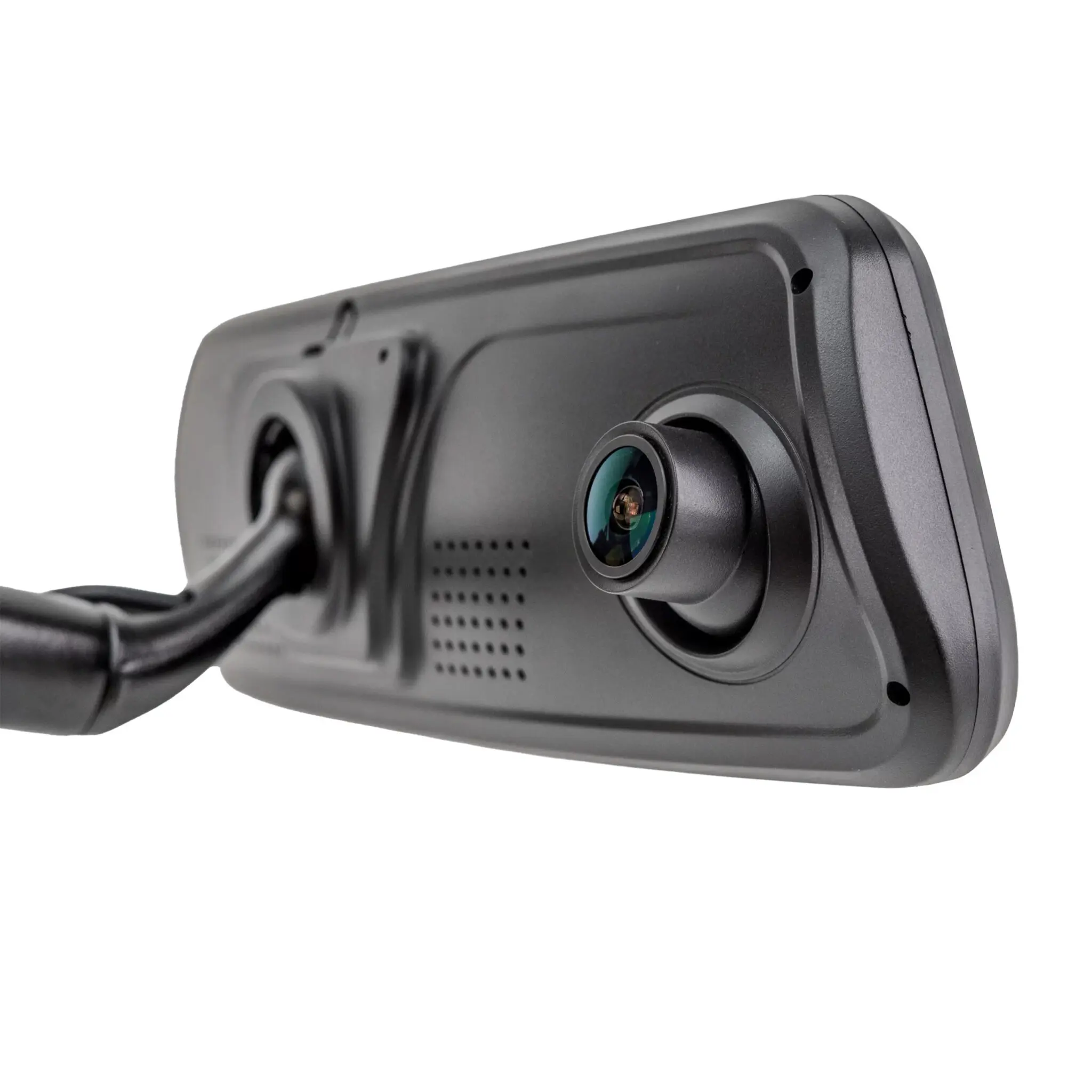 Close-up of a black dashboard camera housing with its lens and mounting mount visible.