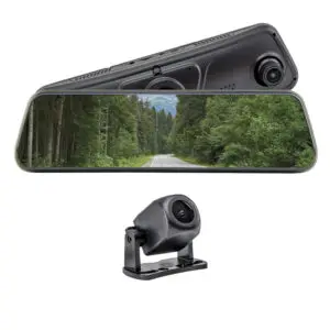 Rearview-mirror dash cam with lens on the right and a mounting bracket beneath, photographed in a car setup