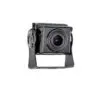Black vintage camera mounted on a metal stand, front-facing view with prominent lens