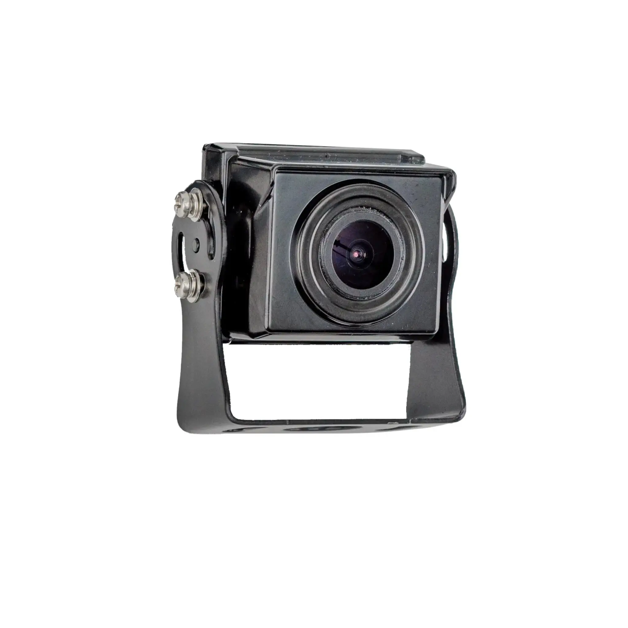 Black vintage camera mounted on a metal stand, front-facing view with prominent lens