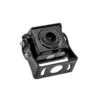Close-up of a black action camera mounted on a metal bracket with screws visible on the sides