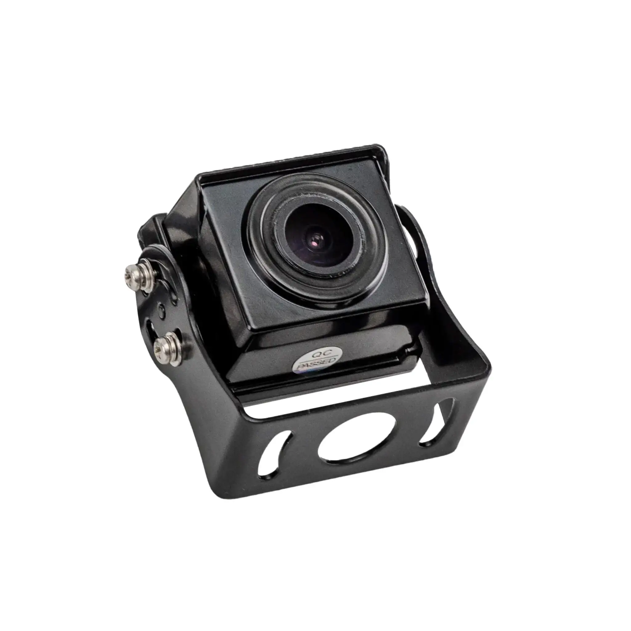 Close-up of a black action camera mounted on a metal bracket with screws visible on the sides