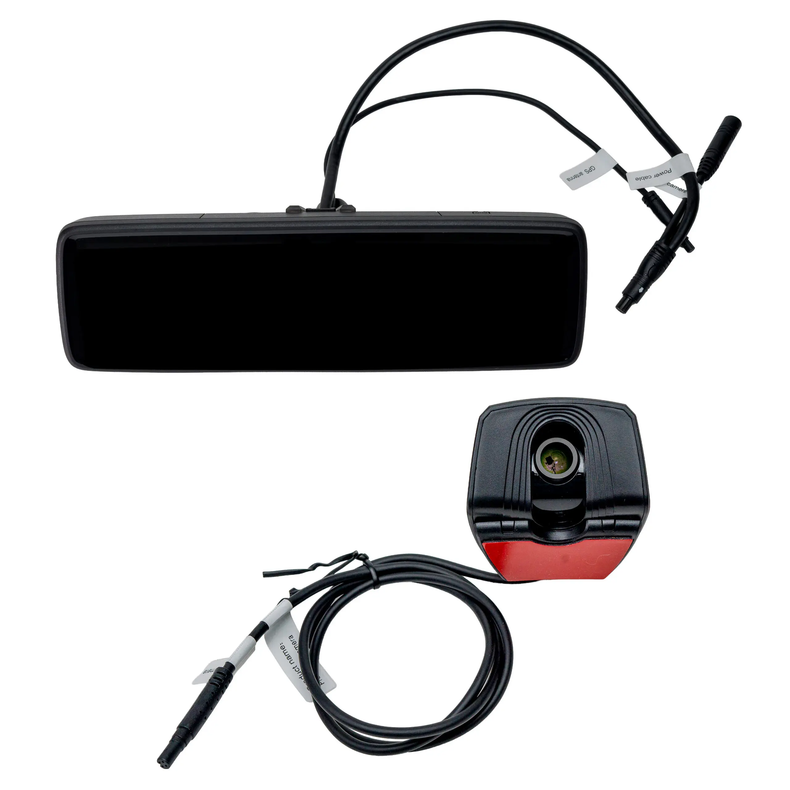 Car dashboard camera system with a screen and bundled cables labeled GPS antenna, power, and camera.