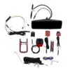 Assorted electronic cables, adapters, and mounting accessories arranged around a black device (dash cam).