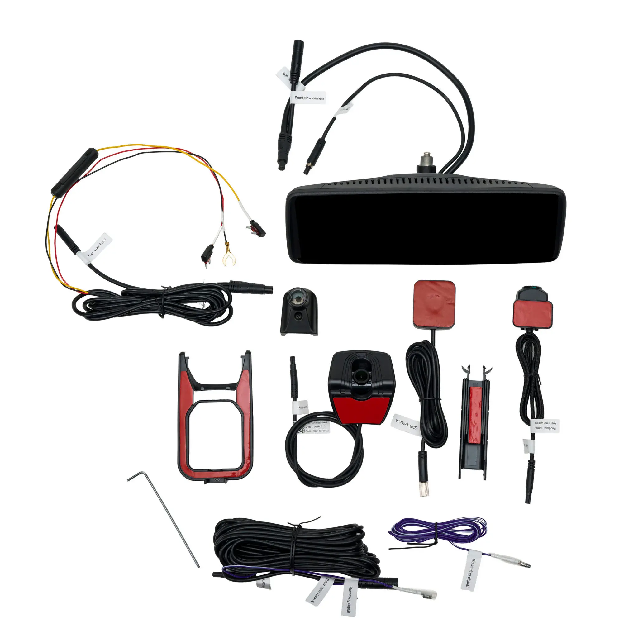 Assorted electronic cables, adapters, and mounting accessories arranged around a black device (dash cam).