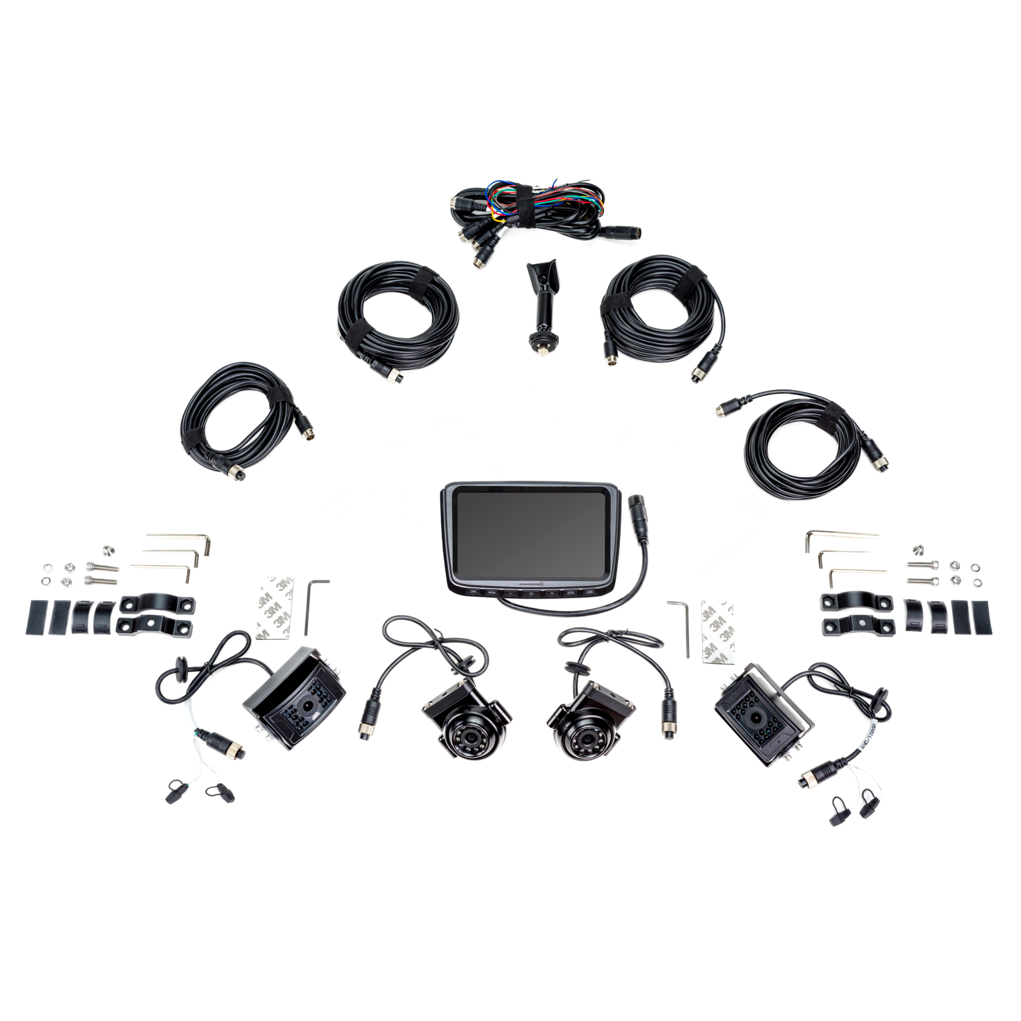 Kit photo of the FLTW-7100 vision system, including a monitor, 4 cameras, and other accessory pieces.
