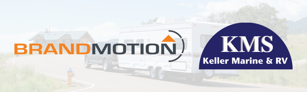 Brandmotion and Keller Marine & RV logos, overtop a faded image of a truck pulling an RV