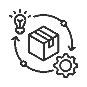 Idea icon and gear icon surrounding a package